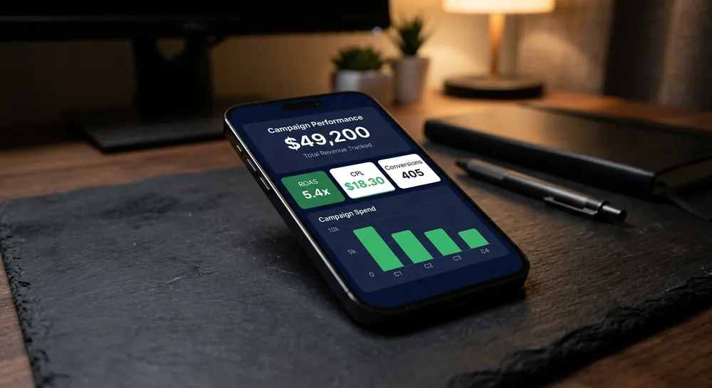 Campaign performance dashboard: $49,200 revenue tracked, ROAS 5.4x, CPL $18.30, 405 conversions