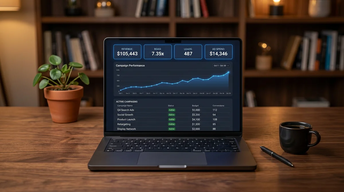 The AI Ad System — Dashboard with 7 modules: Getting Started, First Campaign, Ad Copy, Video Scripts, Tracking, Kill Rules, Mistake File. Real AI prompts you paste.